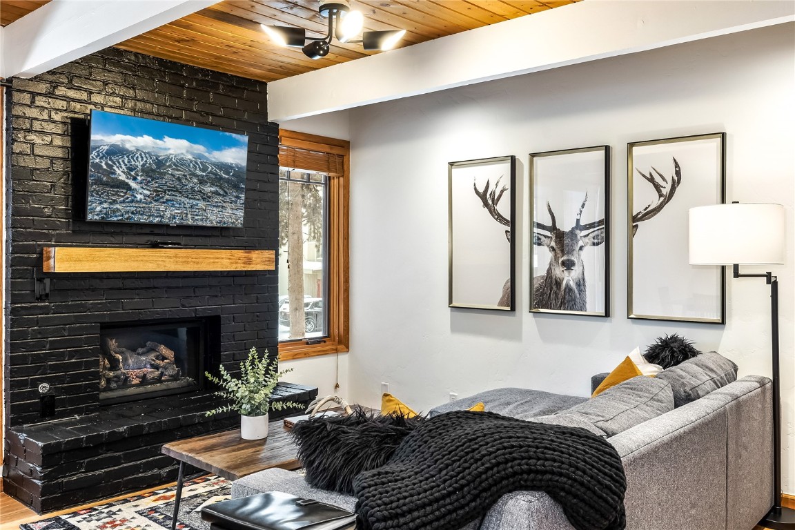 800 Columbine Road, Unit 5 Breckenridge, CO 80424 - Photo 10 of 38 a bed room with furniture and a fireplace