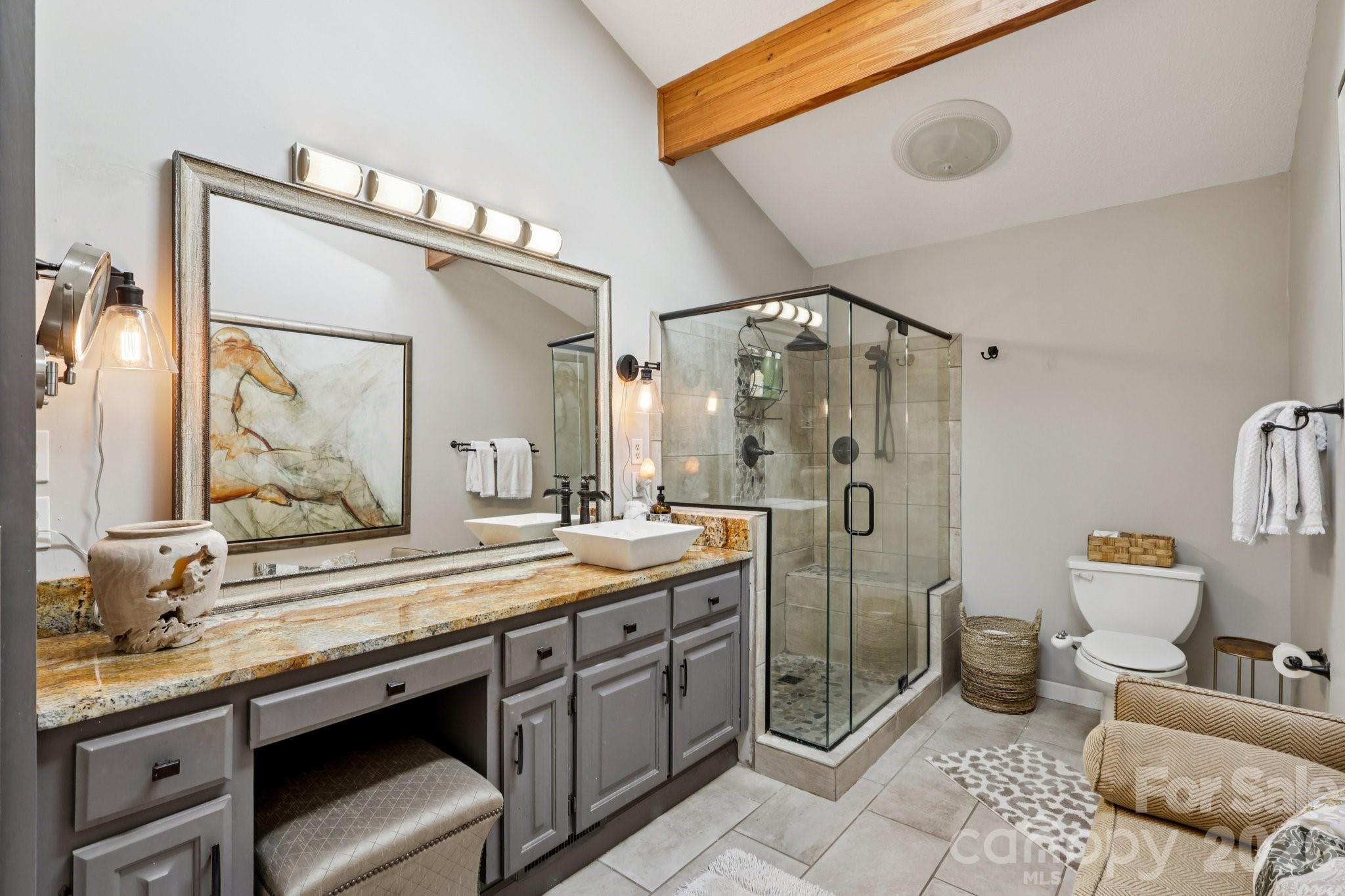 44333 Stony Gap Road Albemarle, NC 28001 - Photo 18 of 28 a spacious bathroom with a granite countertop sink a toilet a mirror and shower