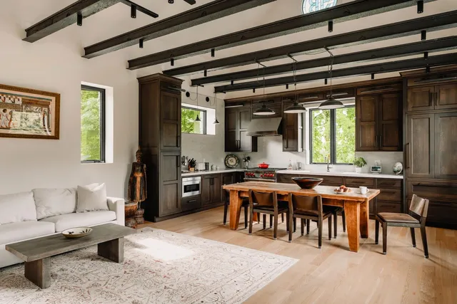 a view of a dining room with furniture