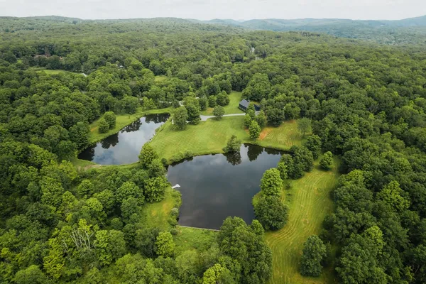 an aerial view of a house with a yard and lake view