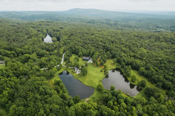 an aerial view of residential house with outdoor space and trees all around