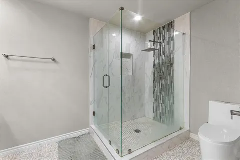 a bathroom with a shower and a toilet