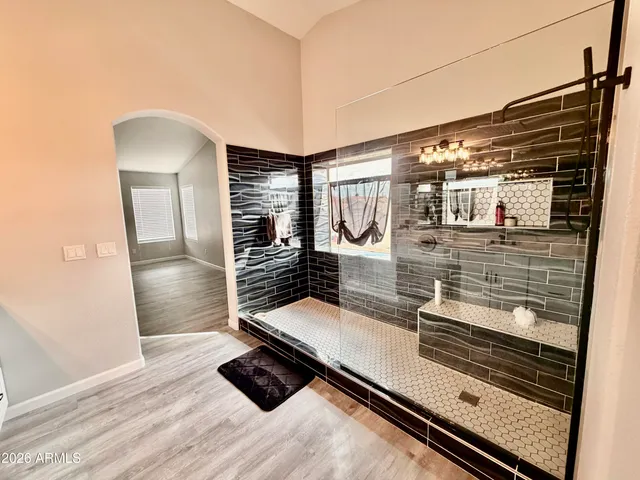 a hallway with a large window