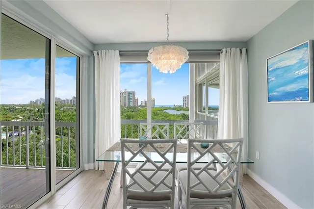 a view of a dining room with furniture wooden floor and chandelier