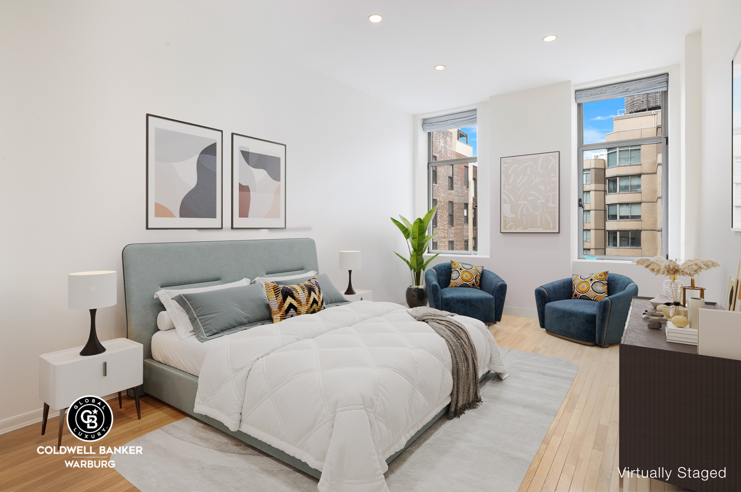 252 7th Avenue, Unit 12I Manhattan, NY 10001 - Photo 6 of 15 a bedroom with two beds and painting on the wall