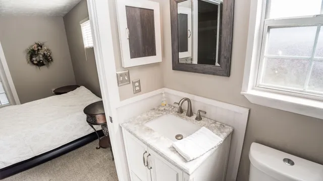 a bathroom with a sink and a mirror