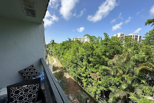 a view of a balcony from a window