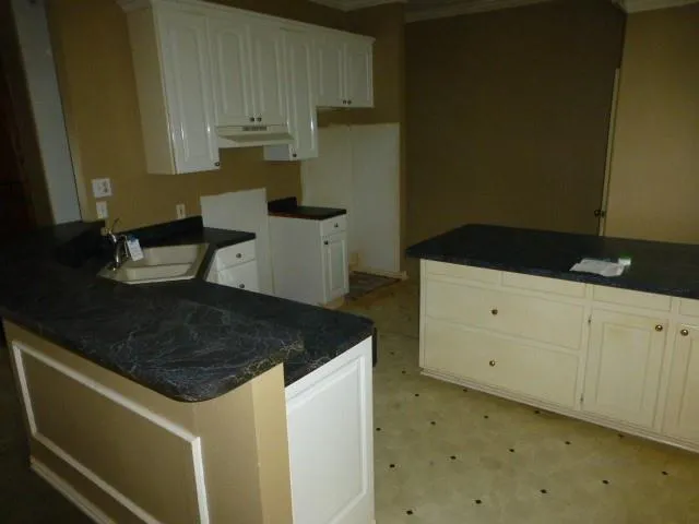 a kitchen with white cabinets and sink