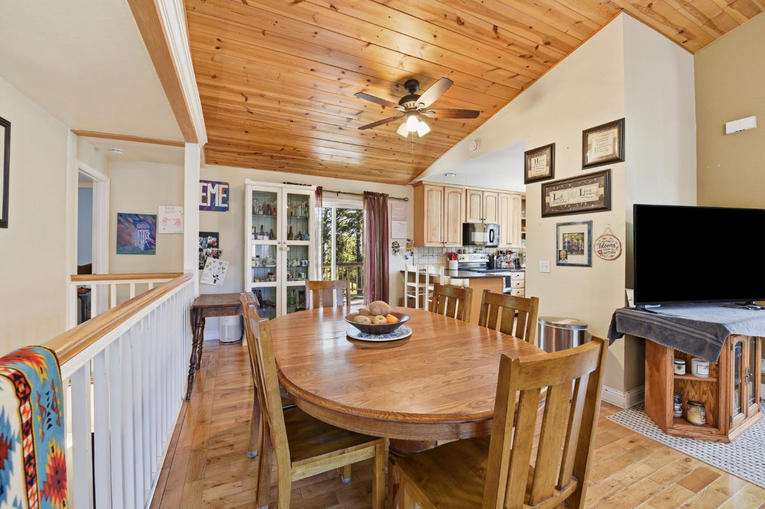 2440 Pleasant Valley Road Placerville, CA 95667 - Photo 15 of 40 dining space with ceiling fan, a vaulted wooden ceiling, and light wood-style floors