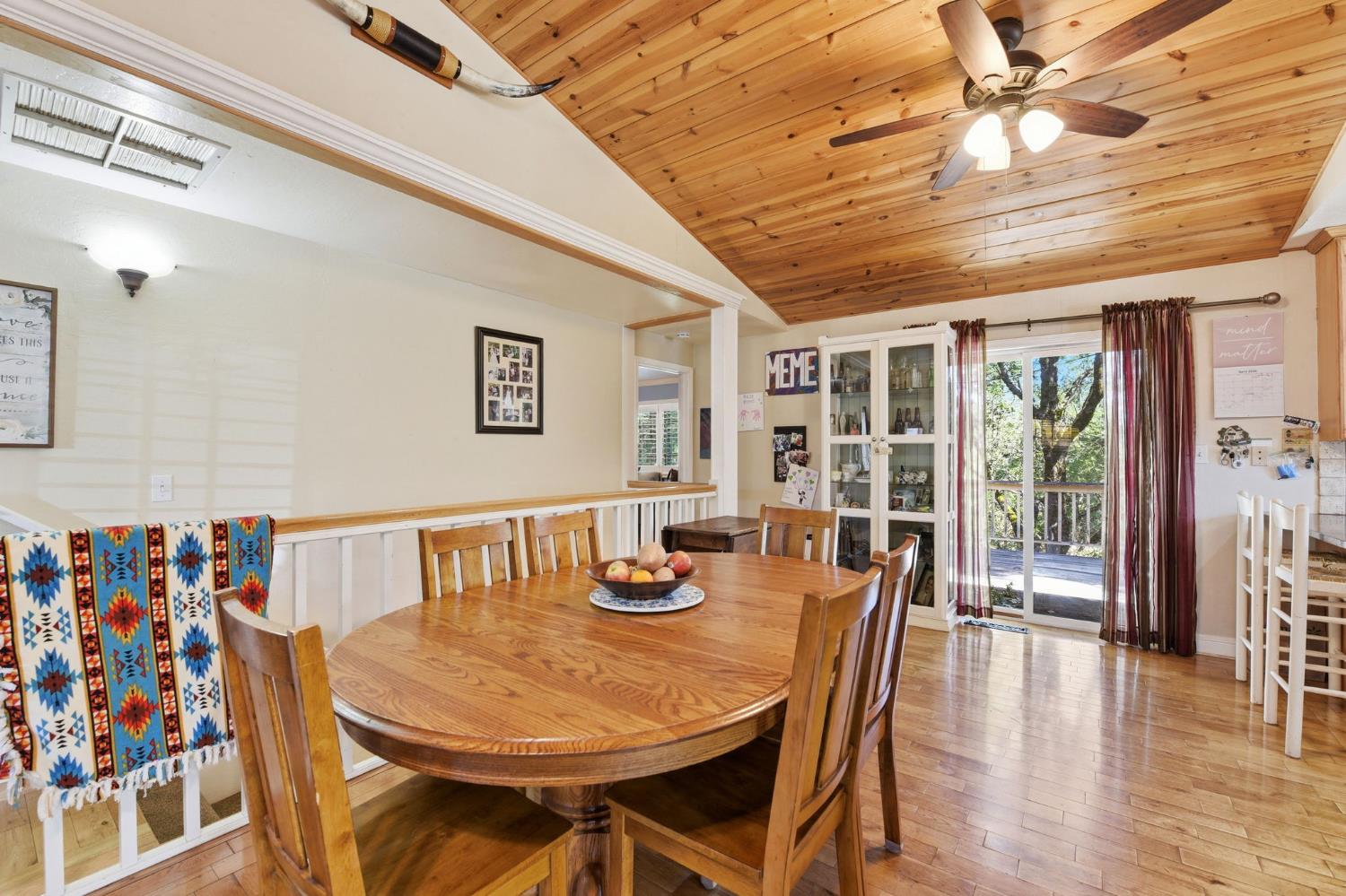 2440 Pleasant Valley Road Placerville, CA 95667 - Photo 9 of 40 dining room featuring light wood-style floors, a vaulted wood ceiling, and ceiling fan