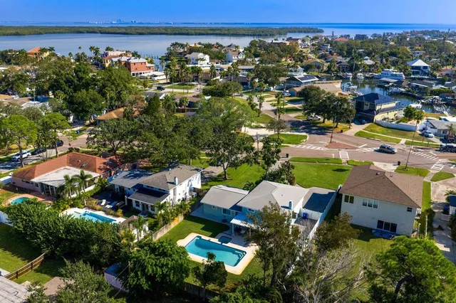 a view of a house with a yard and potted plants