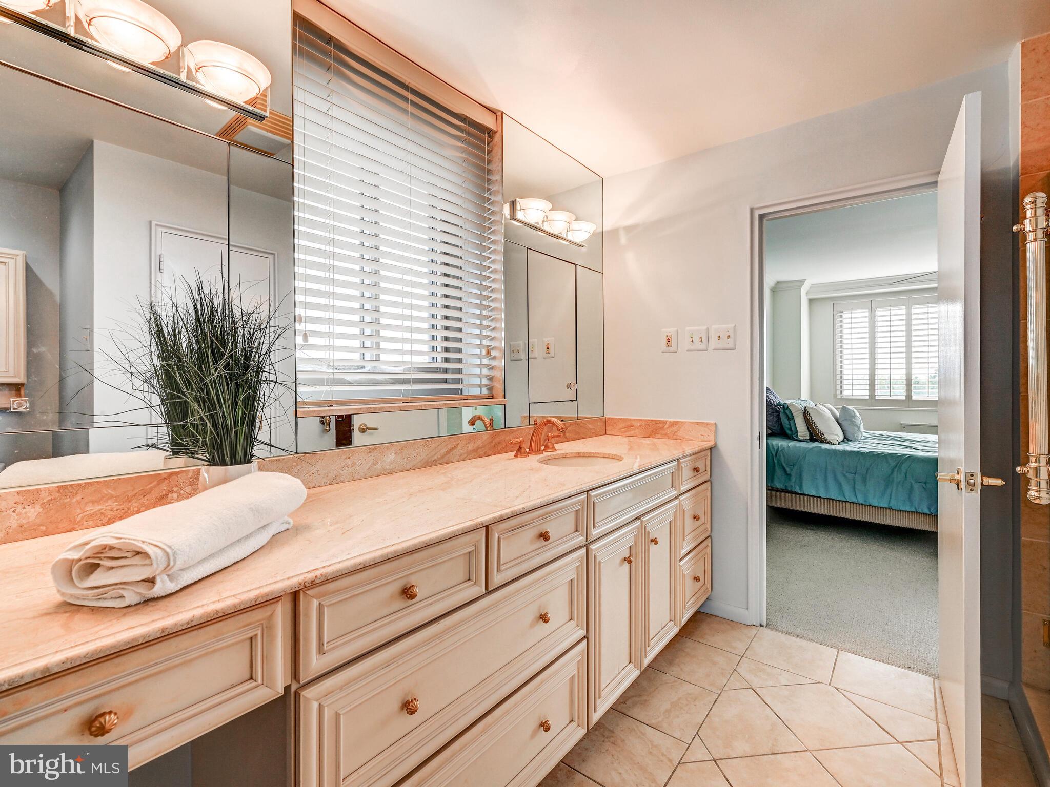 11 Slade Avenue, Unit 912 Baltimore, MD 21208 - Photo 21 of 31 a spacious bathroom with a granite countertop sink and a large mirror