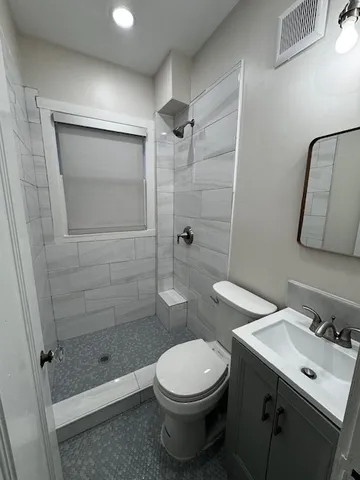 a bathroom with a toilet sink vanity and shower