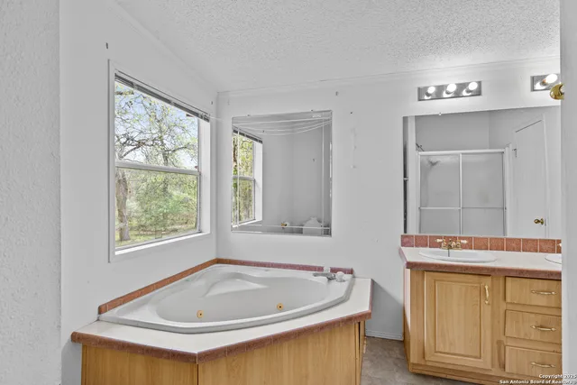 a bathroom with a tub a sink and a window