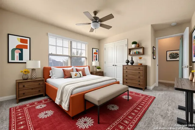 a bed room with a bed and a dresser