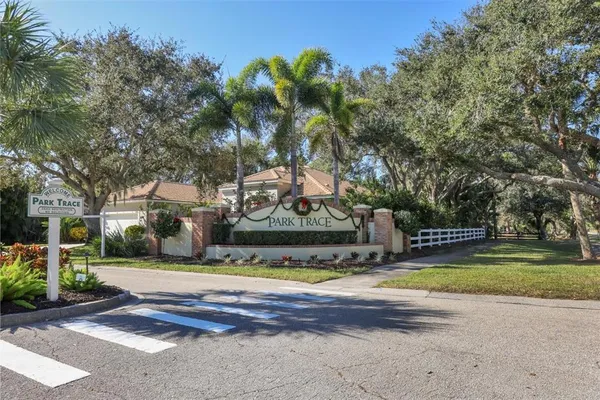 a view of a park with large trees
