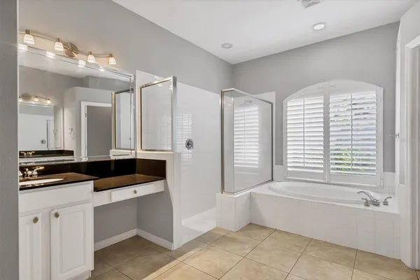 a bathroom with a tub a double vanity sink and mirror