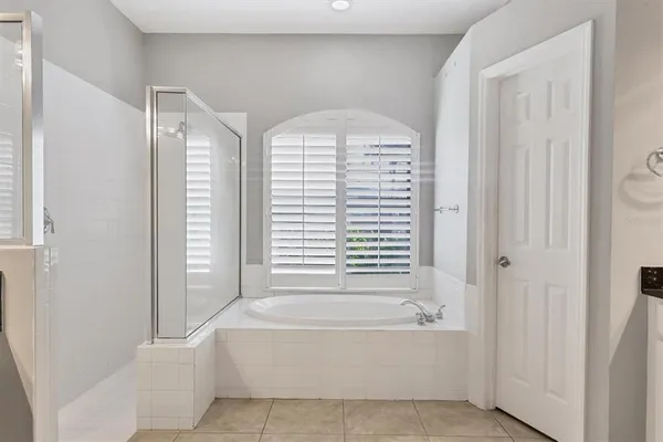 a bathroom with a bathtub and a shower
