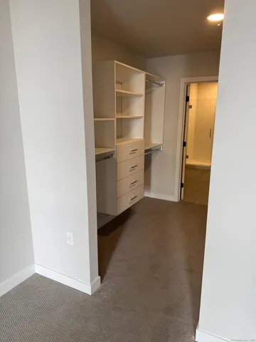 a view of an empty room with closet