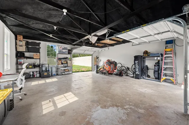 a view of a garage with storage