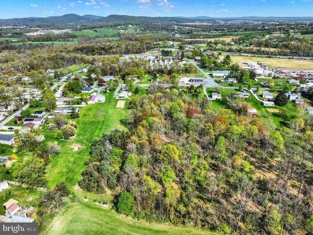 an aerial view of residential houses with outdoor space and trees