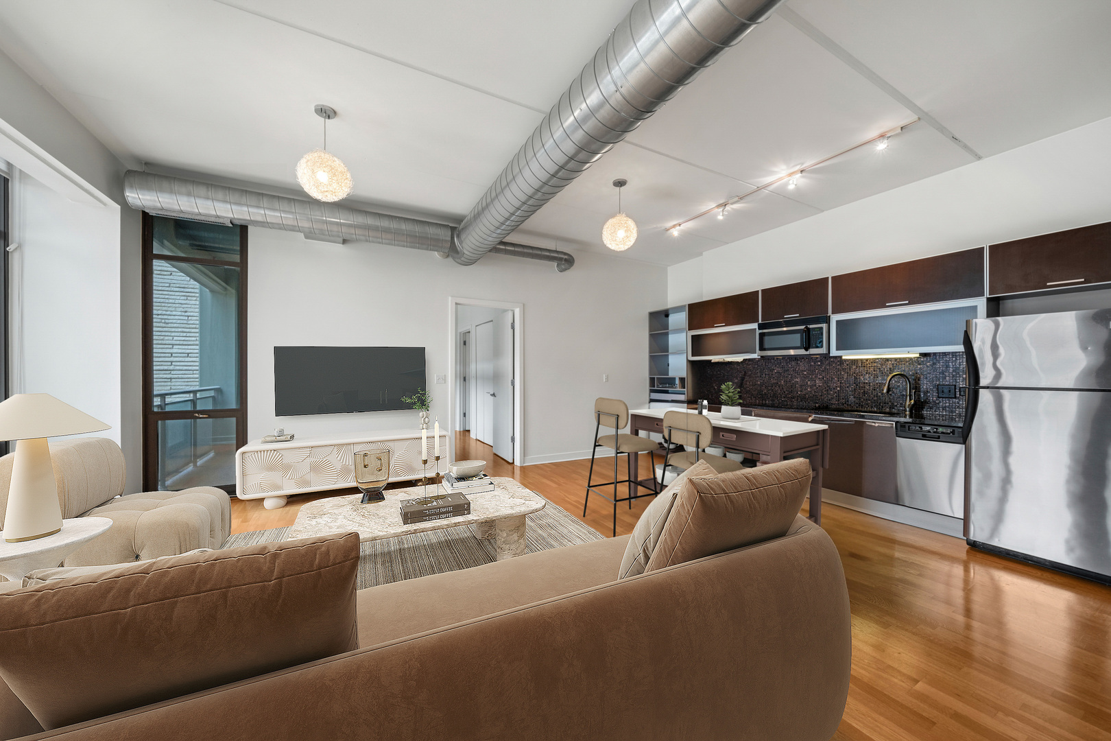 660 West Wayman Street, Unit 201B Chicago, IL 60661 - Photo 4 of 34 a living room with furniture and a flat screen tv