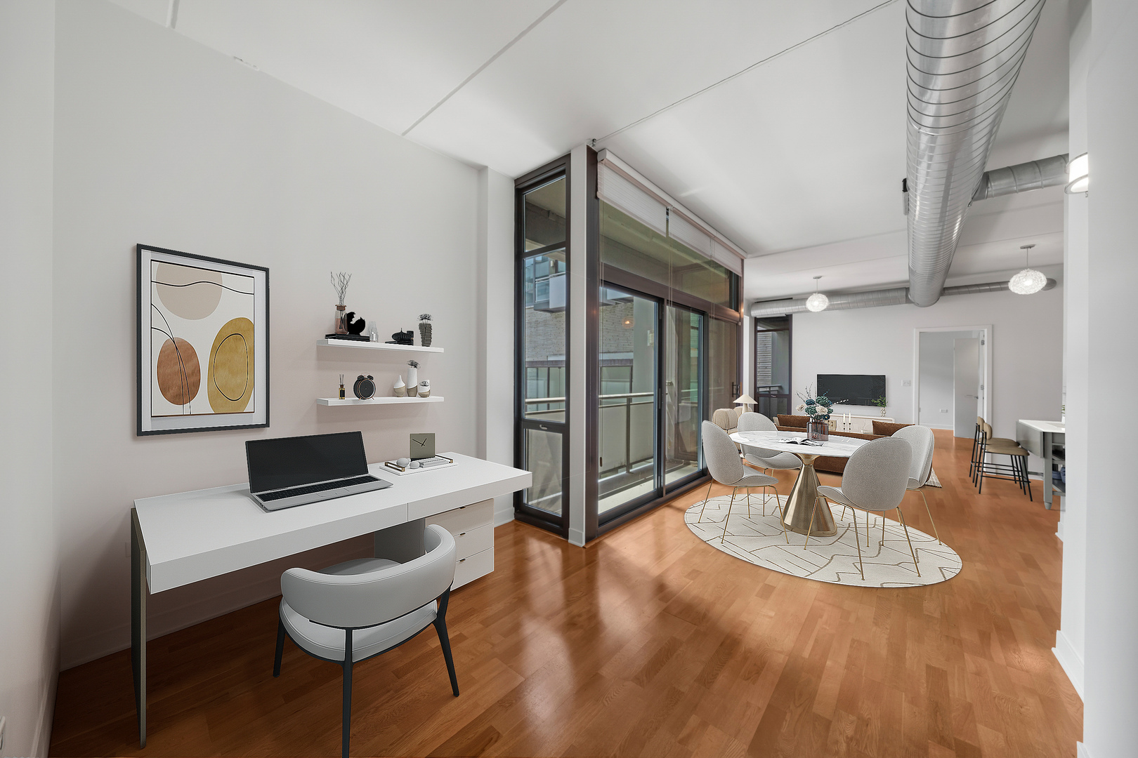 660 West Wayman Street, Unit 201B Chicago, IL 60661 - Photo 6 of 34 a workspace with furniture and wooden floor