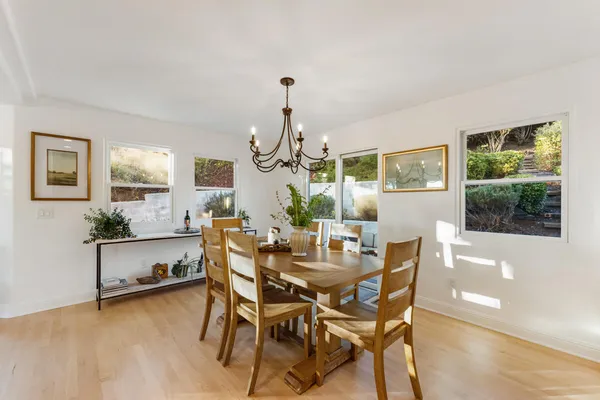 a view of a dining room with furniture window and wooden floor