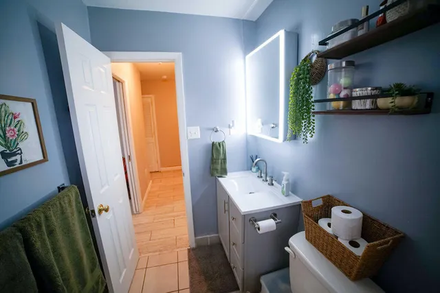 a bathroom with a sink a toilet and shower curtain
