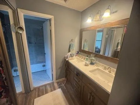 a bathroom with a sink vanity and a mirror