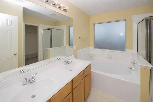 a bathroom with a tub sink and mirror
