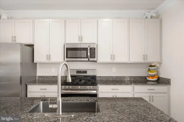 a kitchen with stainless steel appliances granite countertop a stove a refrigerator and a white cabinets
