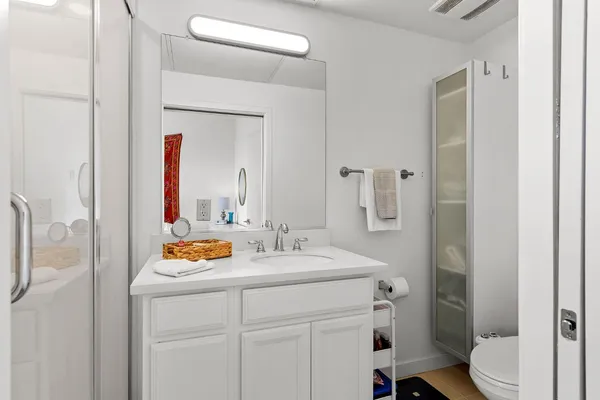 a bathroom with a sink vanity mirror and toilet