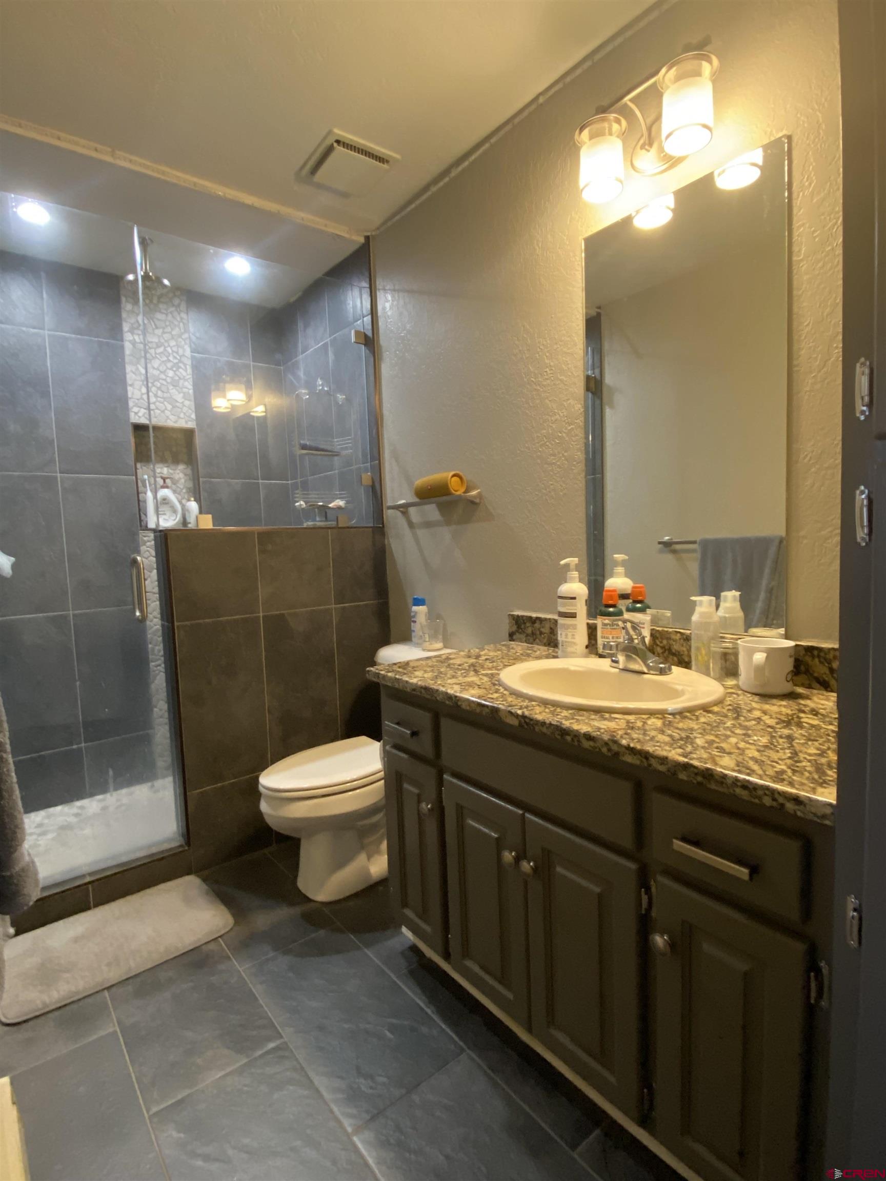 255 Pine Ridge Loop, Unit C5 Durango, CO 81301 - Photo 20 of 32 a bathroom with a granite countertop sink toilet a mirror and shower