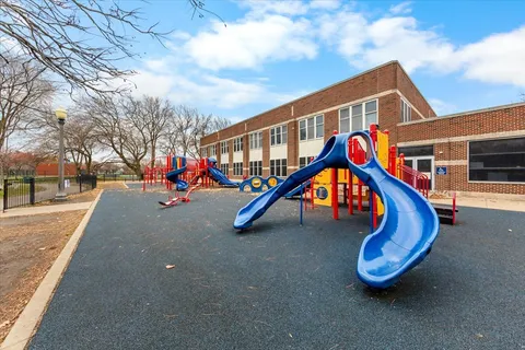 a view of a park with slide