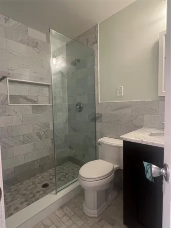 a bathroom with a shower and toilet