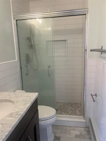 a bathroom with a shower and a toilet