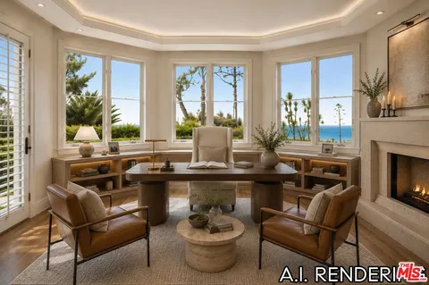a living room with furniture fireplace and window