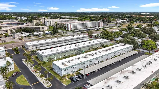 an aerial view of a swimming pool