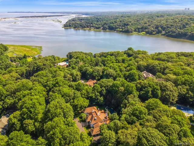 an aerial view of a houses with a lake view