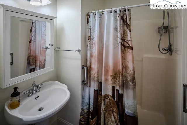 a bathroom with a shower and a sink