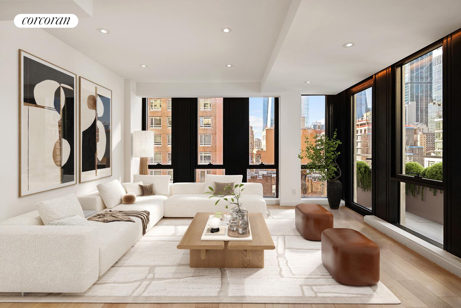 a living room with furniture and large windows