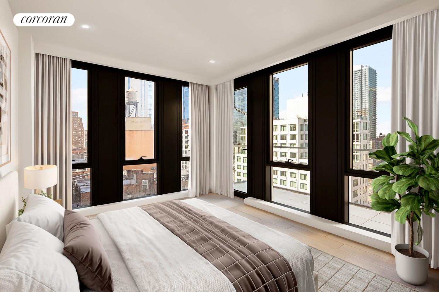 355 West 39th Street, Unit 9A Manhattan, NY 10018 - Photo 4 of 11 a bedroom with a large bed and a potted plant