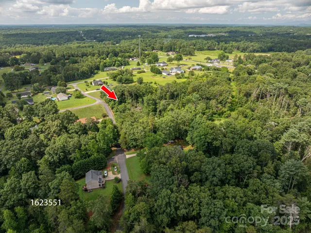 an aerial view of residential houses with outdoor space and trees
