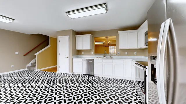 a view of a room with windows