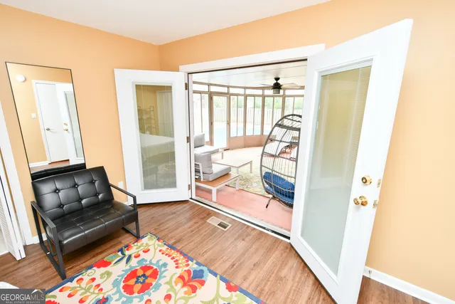 a living room with a couch and a table