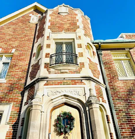 a view of a building with a door