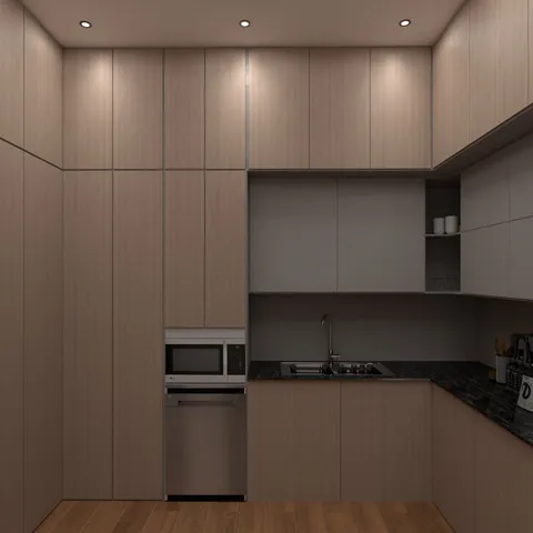 a living room with furniture a fireplace and a potted plant on the table