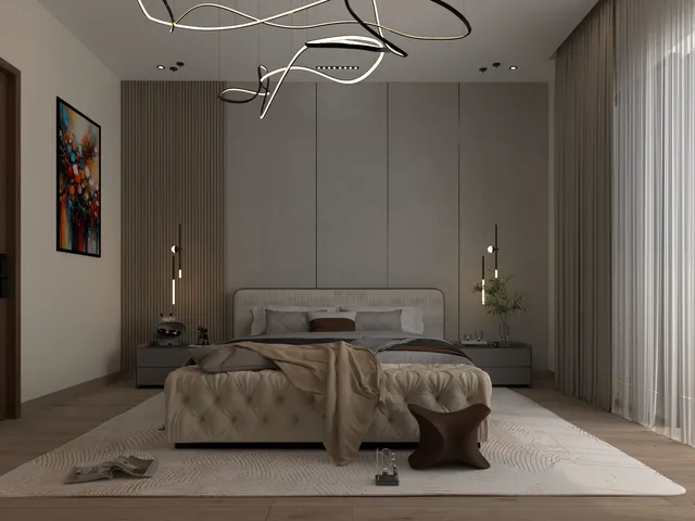 a room with a mirror and vanity