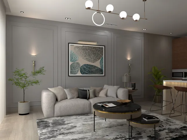 a living room with a bed furniture and a potted plant